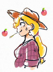 Size: 352x476 | Tagged: safe, artist:punkittdev, derpibooru import, applejack, human, apple, bust, clothes, female, food, humanized, lidded eyes, plaid shirt, profile, shirt, smiling, solo, straw in mouth