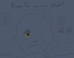 Size: 1020x807 | Tagged: safe, artist:castafae, derpibooru import, oc, oc only, oc:radio, earth pony, pony, bedroom, ears, female, floppy ears, hair over one eye, lidded eyes, mare, monochrome, solo, tired