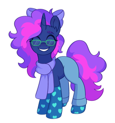 Size: 1437x1536 | Tagged: safe, artist:skysorbett, derpibooru import, oc, oc only, oc:crystal dawn, pony, unicorn, 2024 community collab, bow, clothes, derpibooru community collaboration, eyes closed, glasses, hair bow, pants, scarf, simple background, socks, solo, transparent background, two toned mane, wide smile