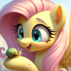 Size: 1024x1024 | Tagged: safe, ai content, derpibooru import, generator:dall-e 3, machine learning generated, fluttershy, pegasus, pony, g4, animal, bust, cute, female, mare, open mouth, open smile, shyabetes, smiling, snail, solo, spread wings, wings