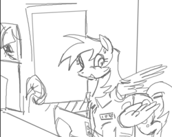 Size: 851x676 | Tagged: safe, artist:clowncarpal, derpibooru import, derpy hooves, pegasus, pony, black and white, clothes, computer, fan, female, five nights at freddy's, grayscale, mare, monochrome, sketch, solo