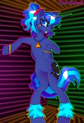 Size: 1810x2650 | Tagged: safe, artist:clowncarpal, derpibooru import, princess luna, alicorn, pony, 80s princess luna, belly, bipedal, bracelet, commission, featureless crotch, female, horn, jewelry, leg band, long horn, mare, necklace, ponytail, scrunchie, solo