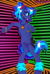 Size: 1810x2650 | Tagged: safe, alternate version, artist:clowncarpal, derpibooru import, princess luna, alicorn, pony, 80s princess luna, belly, bipedal, bracelet, commission, featureless crotch, female, horn, jewelry, leg band, long horn, mare, necklace, ponytail, scrunchie, solo