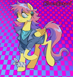 Size: 1593x1688 | Tagged: safe, artist:clowncarpal, derpibooru import, fluttershy, pegasus, pony, 80s, abstract background, alternate hairstyle, checkered background, clothes, ear piercing, earring, everything old, female, jacket, jewelry, mare, piercing, solo