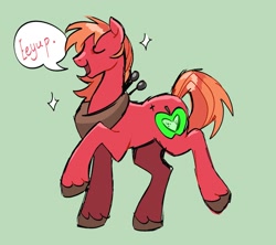 Size: 1541x1370 | Tagged: safe, artist:clowncarpal, derpibooru import, big macintosh, earth pony, pony, dialogue, eeyup, green background, horse collar, male, raised hoof, raised leg, simple background, speech bubble, stallion, unshorn fetlocks