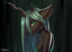 Size: 2400x1750 | Tagged: safe, artist:delta hronum, derpibooru import, queen chrysalis, anthro, changeling, changeling queen, looking at you, solo