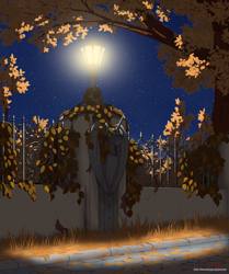 Size: 1348x1612 | Tagged: safe, artist:eriada, derpibooru import, alicorn, autumn, bust, lamppost, night, no pony, statue