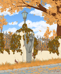 Size: 1348x1612 | Tagged: safe, alternate version, artist:eriada, derpibooru import, alicorn, autumn, bust, day, lamppost, no pony, statue