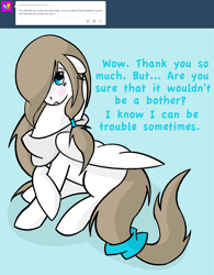 Size: 1280x1644 | Tagged: safe, artist:mayiamaru, derpibooru import, oc, oc only, oc:mayia, pegasus, pony, ask mayia, blue background, blushing, clothes, cyan background, female, mare, scarf, simple background, solo