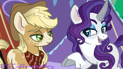 Size: 1054x592 | Tagged: safe, artist:caffeinatedcarny, derpibooru import, screencap, applejack, rarity, earth pony, unicorn, g4, bandana, cloven hooves, coat markings, freckles, redesign, redraw, screenshots, unshorn fetlocks