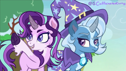 Size: 1280x720 | Tagged: safe, artist:caffeinatedcarny, derpibooru import, edit, screencap, starlight glimmer, trixie, unicorn, g4, cape, clothes, cloven hooves, coat markings, hat, redesign, redraw, screenshots, unshorn fetlocks, wizard hat