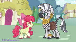 Size: 1893x1063 | Tagged: safe, artist:caffeinatedcarny, derpibooru import, edit, screencap, apple bloom, zecora, earth pony, pony, zebra, g4, bag, bow, coat markings, female, filly, foal, freckles, redesign, redraw, saddle bag, screenshots, unshorn fetlocks