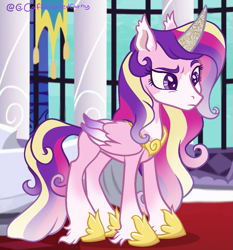 Size: 933x1003 | Tagged: safe, artist:caffeinatedcarny, derpibooru import, edit, screencap, princess cadance, alicorn, pony, g4, alternate design, blaze (coat marking), closed mouth, coat markings, colored eartips, colored wings, concave belly, cuffs, curved horn, ear fluff, ears, eyebrows, facial markings, female, folded wings, frown, gilded horn, gradient legs, gradient mane, gradient tail, gradient wings, hoof fluff, hoof shoes, horn, horn markings, jewelry, long mane, mare, multicolored wings, peytral, princess shoes, purple eyes, quadrupedal, raised eyebrow, redesign, redraw, regalia, screenshots, slim, solo, tail, thin, unshorn fetlocks, wings