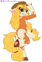 Size: 1218x1802 | Tagged: safe, artist:caffeinatedcarny, derpibooru import, applejack, anthro, earth pony, unguligrade anthro, g4, ass, butt, coat markings, cowboy hat, dappled, female, freckles, grin, hat, heart hoof, hoof feet, looking at you, mare, simple background, smiling, smiling at you, solo, stylized, transparent background, underhoof