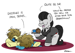 Size: 2379x1671 | Tagged: safe, artist:bobthedalek, derpibooru import, oc, oc only, oc:jeeves, oc:kettle master, earth pony, pony, butler, clothes, exhausted, eyes closed, messy mane, suit, teapot, tray