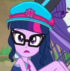 Size: 533x540 | Tagged: safe, derpibooru import, screencap, rarity, sci-twi, twilight sparkle, better together, equestria girls, forgotten friendship, bare shoulders, cap, clothes, cropped, glasses, hat, open mouth, sci-twi swimsuit, sleeveless, swimsuit, wide eyes
