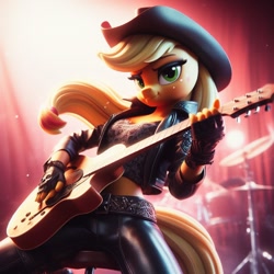 Size: 1024x1024 | Tagged: safe, ai content, derpibooru import, generator:bing image creator, generator:dall-e 3, machine learning generated, applejack, anthro, g4, applejack's hat, belt, clothes, concert, cowboy hat, female, fingerless gloves, gloves, guitar, hat, jacket, leather, leather jacket, leather pants, musical instrument, pants, playing guitar, prompter needed, solo, stage, stetson