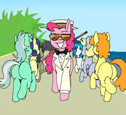 Size: 989x900 | Tagged: safe, artist:dsstoner, bon bon, carrot top, derpy hooves, dj pon-3, golden harvest, lyra heartstrings, octavia melody, pinkie pie, sweetie drops, vinyl scratch, earth pony, pegasus, unicorn, butt, clothes, elton john, female, mare, music video, pinktober, plot