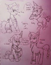 Size: 3071x3935 | Tagged: safe, artist:dsstoner, madame leflour, mr. turnip, rocky, sir lintsalot, earth pony, pegasus, pony, unicorn, party of one, clothes, female, male, mare, ponified, species swap, stallion, traditional art