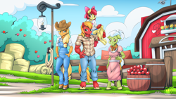 Size: 2560x1440 | Tagged: safe, artist:mysticalpha, derpibooru import, apple bloom, applejack, big macintosh, granny smith, anthro, earth pony, unguligrade anthro, g4, apple, apple family, apple siblings, apple sisters, barn, barrel, brother and sister, clothes, female, food, hay bale, lantern, male, overalls, plaid shirt, shirt, shoulder carry, shoulder ride, siblings, signature, sisters, sweet apple acres