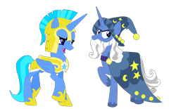 Size: 2580x1599 | Tagged: safe, artist:longplex, artist:uranus98, derpibooru import, oc, oc only, oc:neptune star, oc:uranus star, annoyed, armor, body armor, clothed ponies, concave belly, duo, furrowed brow, helmet, hoof shoes, horn, long horn, open mouth, princess shoes, raised hoof, raised leg, simple background, slim, standing, thin, transparent background