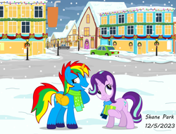 Size: 8723x6666 | Tagged: safe, artist:creedyboy124, derpibooru import, starlight glimmer, oc, oc:shield wing, alicorn, pony, unicorn, g4, alicorn oc, clothes, female, horn, male, mare, outdoors, ponyville, scarf, shipping, snow, snowfall, stallion, straight, street, wings, winter