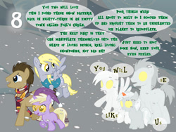 Size: 827x621 | Tagged: safe, artist:bronybyexception, derpibooru import, derpy hooves, dinky hooves, doctor whooves, earth pony, pegasus, pony, unicorn, g4, advent calendar, clothes, coat, doppelganger, female, filly, foal, fourth doctor's scarf, glowing, glowing eyes, hat, looking back, male, mare, scarf, snow, snowfall, snowpony, stallion, striped scarf