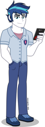 Size: 1162x3230 | Tagged: safe, artist:stellardusk, derpibooru import, shining armor, human, equestria girls, g4, alternate hairstyle, alumnus shining armor, clothes, i can't believe it's not orin331, male, phone, redesign, simple background, smiling, solo, transparent background