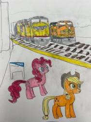 Size: 3024x4032 | Tagged: safe, artist:alanrailfannergamer, derpibooru import, applejack, pinkie pie, earth pony, pony, g4, bnsf, diesel train, drawing, female, locomotive, traditional art, train, train tracks, union pacific