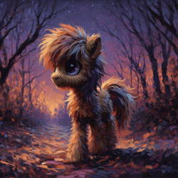 Size: 1024x1024 | Tagged: safe, ai content, derpibooru import, generator:bing image creator, machine learning generated, oc, earth pony, pony, atmosphere, autumn, cute, fluffy, forest, nature, oil, oil painting, prompter:voyaka, solo, sunset, traditional art, tree