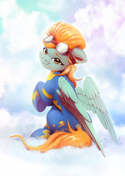 Size: 1873x2646 | Tagged: safe, artist:itssim, derpibooru import, lightning dust, pegasus, pony, g4, clothes, cloud, colored eyebrows, cute, dustabetes, eyebrows, female, goggles, goggles on head, looking at you, looking back, looking back at you, mare, on a cloud, outdoors, partially open wings, sitting, smiling, smiling at you, solo, uniform, wings, wonderbolts uniform