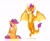 Size: 2048x1673 | Tagged: safe, artist:buvanybu, derpibooru import, scootaloo, smolder, dragon, pegasus, pony, g4, :t, chest fluff, dragoness, duo, female, filly, flying, foal, looking at each other, looking at someone, midair, partially open wings, simple background, sitting, spread wings, white background, wings