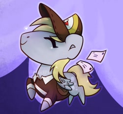 Size: 1900x1759 | Tagged: safe, artist:midnightpremiere, derpibooru import, derpy hooves, pegasus, pony, g4, cap, eyes closed, female, hat, letter, mailmare, mailmare uniform, mare, smiling, solo, space unicorn, style emulation