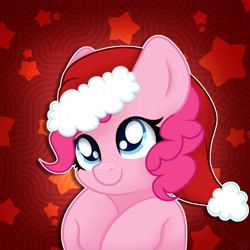 Size: 3500x3500 | Tagged: safe, artist:sweet cream, derpibooru import, pinkie pie, earth pony, pony, g4, abstract background, bust, christmas, cute, diapinkes, female, hat, holiday, mare, santa hat, smiling, solo, ych example, your character here