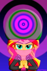 Size: 1030x1555 | Tagged: safe, artist:paco777yuyu, derpibooru import, sunset shimmer, equestria girls, g4, dark background, evil, female, hat, hypnosis, hypnotic, hypnotist, hypnotized, looking at you, minions, solo, spiral, swirly eyes