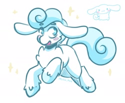 Size: 2033x1678 | Tagged: safe, artist:lrusu, derpibooru import, oc, oc only, pony, big ears, blush sticker, blushing, chest fluff, cinnamoroll, colored hooves, cyan eyes, ears, floppy ears, male, open mouth, ponified, sanrio, simple background, smiling, solo, sparkles, species swap, unshorn fetlocks, white background