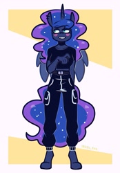Size: 1423x2048 | Tagged: safe, artist:lrusu, derpibooru import, princess luna, alicorn, anthro, unguligrade anthro, g4, blush sticker, blushing, clothes, ear piercing, earring, ethereal hair, ethereal mane, ethereal tail, female, front view, grin, jewelry, looking sideways, mare, midriff, pants, piercing, shirt, simple background, smiling, solo, sparkly mane, sparkly tail, standing, t-shirt, tail, white background, yellow background