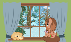 Size: 2500x1500 | Tagged: safe, artist:realgamerkitten, derpibooru import, oc, oc only, oc:kathrine, dog, pegasus, pony, cup, female, forest, mare, nature, snow, snowfall, solo, teacup, tree