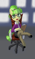 Size: 750x1250 | Tagged: safe, derpibooru import, chickadee, ms. peachbottom, earth pony, pony, g4, /mlp/ tf2 general, administrator, button-up shirt, chair, clipboard, clothes, crossed legs, female, glasses, mare, shirt, sitting, team fortress 2