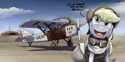 Size: 1366x683 | Tagged: safe, artist:buckweiser, derpibooru import, derpy hooves, g4, airmail, aviator goggles, female, french, goggles, pilot, plane, smiling, solo