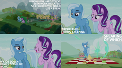 Size: 2000x1125 | Tagged: safe, derpibooru import, edit, edited screencap, editor:quoterific, screencap, starlight glimmer, trixie, g4, student counsel, apple, apple tree, cup, female, food, picnic blanket, ponyville, sandwich, scenery, teacup, teapot, tree