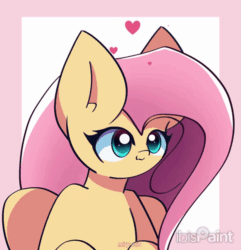 Size: 1400x1450 | Tagged: safe, artist:miryelis, derpibooru import, fluttershy, pegasus, pony, g4, :3, animated, big ears, blushing, bust, cute, ears, female, gif, heart, ibispaint x, long hair, looking at you, mare, shyabetes, signature, simple background, smiling, solo
