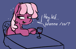 Size: 503x326 | Tagged: safe, artist:pinkberry, derpibooru import, edit, editor:sawdusteater, cheerilee, earth pony, pony, g4, aggie.io, alcohol, bad influence, colored sketch, doodle, drink, drunk, drunk bubbles, female, glass, hey kid you wanna ss?, imminent foalcon, looking sideways, mare, meme, sketch, solo, wine, wine glass
