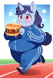 Size: 832x1216 | Tagged: safe, ai content, derpibooru import, generator:novelai, generator:stable diffusion, machine learning generated, oc, anthro, unicorn, athlete, belly, burger, butt, cheeseburger, chubby cheeks, clothes, curvy, eating, fat, fat fetish, fattening, fetish, food, gluttony, hamburger, large butt, obese, out of shape, plump, prompter:heavyfoxyfoxy, race track, round, round belly, running, shortstack, small clothes, sports, sports outfit, thighs, thunder thighs, tight clothing, tracksuit, weight gain, wide hips, wide load