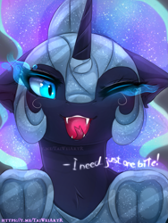 Size: 1125x1500 | Tagged: safe, artist:taiweiart, derpibooru import, nightmare moon, alicorn, pony, g4, blue eyes, blue hair, blue mane, bust, chest fluff, colored pupils, cute, digital art, ethereal mane, eyeshadow, fangs, female, helmet, high res, hooves, horn, looking at you, makeup, mare, moonabetes, moonlight, nicemare moon, night, one eye closed, open mouth, open smile, peytral, portrait, signature, smiling, smiling at you, solo, starry mane, stars, talking, talking to viewer, teeth, wink