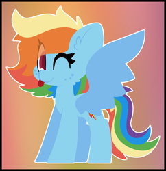 Size: 3750x3878 | Tagged: safe, artist:moonydusk, derpibooru import, rainbow dash, pegasus, pony, g4, ;p, alternate hairstyle, ear fluff, ears, eye clipping through hair, female, freckledash, freckles, gradient background, lineless, mare, one eye closed, simple background, spread wings, standing, tongue, tongue out, wings, wink