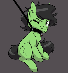 Size: 1400x1500 | Tagged: safe, artist:vodkamewtwoni, derpibooru import, oc, oc:anon filly, oc:censy, earth pony, pony, choker, collar, female, filly, foal, leash, mare, one eye closed, pony pet, pulling, solo