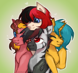 Size: 3212x3034 | Tagged: safe, artist:хлебушек, derpibooru import, oc, oc:canada, oc:drew dru, oc:kanter, oc:wry bell, pony, unicorn, zebra