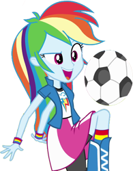 Size: 1969x2520 | Tagged: safe, derpibooru import, edit, edited screencap, editor:homersimpson1983, screencap, rainbow dash, human, equestria girls, equestria girls (movie), g4, background removed, clothes, female, football, kicking, not a vector, simple background, solo, sports, transparent background