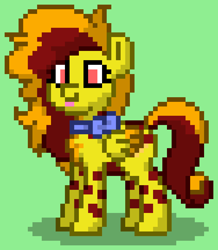 Size: 752x864 | Tagged: safe, derpibooru import, oc, oc only, oc:pepperoni pizza, pegasus, pony, female, green background, mare, orange mane, orange tail, pony town, red eyes, red mane, red tail, simple background, solo, tail, tongue, tongue out, wings, yellow body, yellow wings